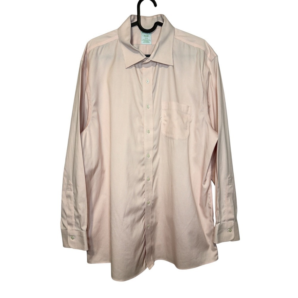 Brooks Brothers Mens Dress Shirt Slim Fit Checkered Pink Long Sleeve